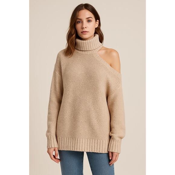 New Promesa One Shoulder Turtleneck Sweater S Beige Cutout Knit Oversized - Picture 1 of 14